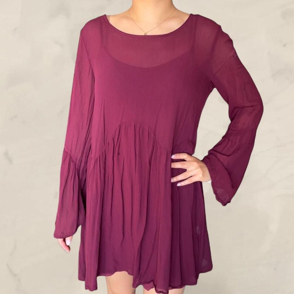 Lacausa burgundy long sleeve babydoll dress Size S tiered shift